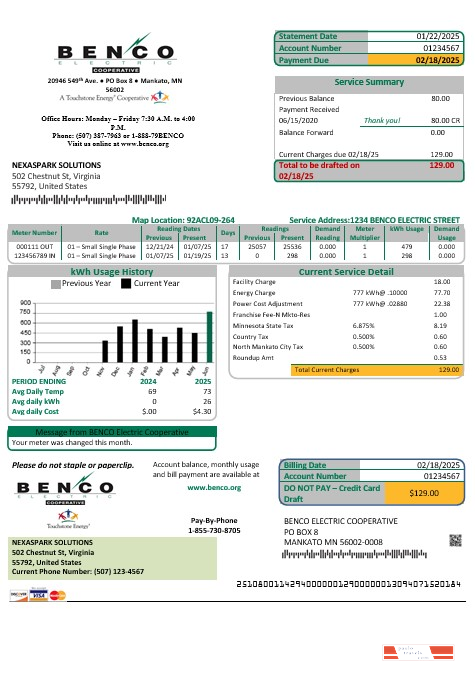USA Minnesota Benco Elecric electricity easy fillable business utility bill template in Word and PDF formats